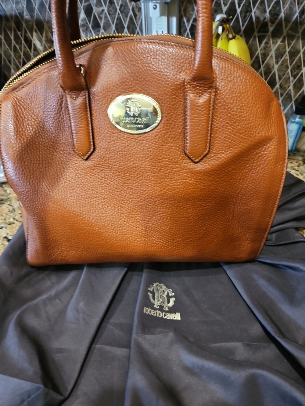 Roberto Cavalli Brown Pebbled Leather  Handbag. Read !